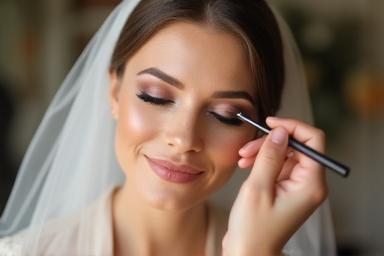 Maquillage de mariée professionnel sur une future mariée radieuse